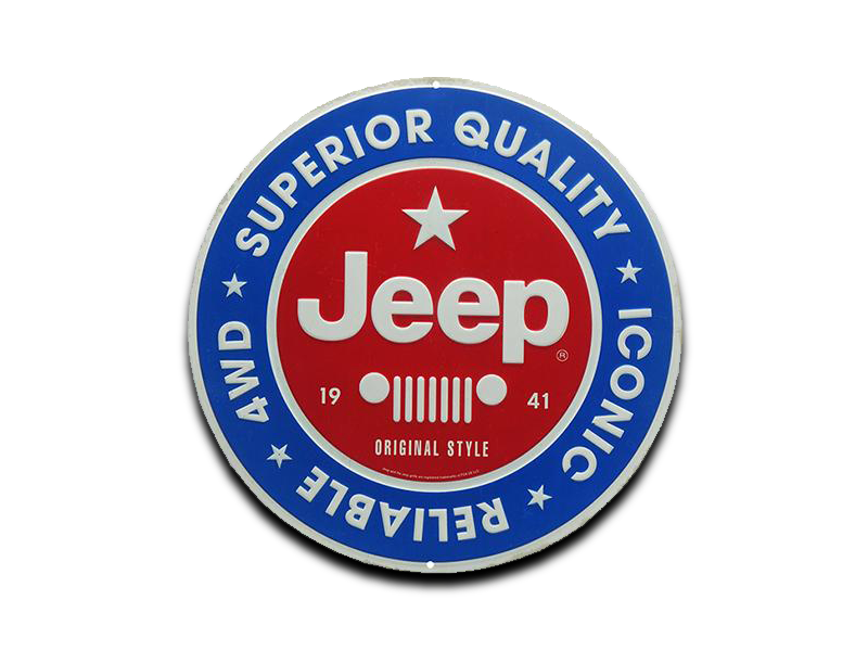 JEEP ROUND EMBOSSED TIN SIGN, 12" W X 12" H X 0.125" D