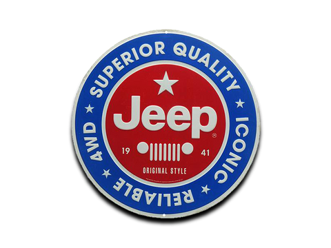 JEEP ROUND EMBOSSED TIN SIGN, 12" W X 12" H X 0.125" D