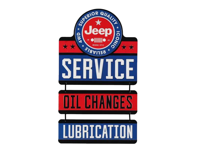 JEEP SERVICE LINKED EMBOSSED TIN SIGN, Size: 9" W X 15" H